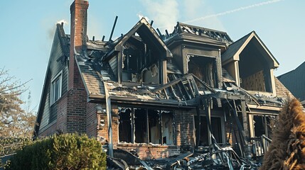 Residential property with fire damage needs restoration and cleaning services. Concept Fire Damage Restoration, Residential Property, Restoration Services, Cleaning Services, Property Repair
