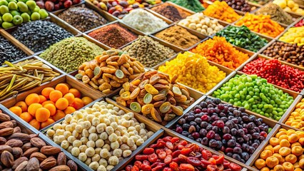 Colorful assortment of dried fruits and nuts in a supermarket , healthy, variety, dry, snack, organic, natural, nutrition