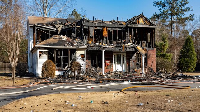 Residential property with fire damage needs restoration and cleaning services. Concept Fire Damage Restoration, Residential Property, Restoration Services, Cleaning Services, Property Repair