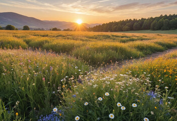  Serene meadow bathed in golden light at sunset, with wildflowers in bloom. 