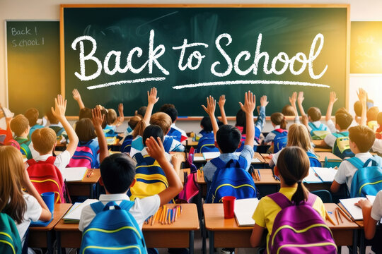 A class of schoolchildren preparing for the start of the school year. Children sit at desks surrounded by educational materials, creating a back-to-school