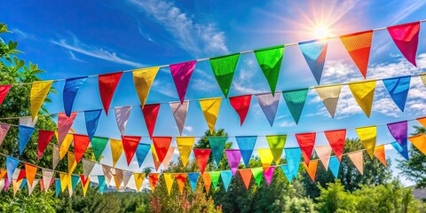 Colorful holiday flags hanging outside on a clear summer day, multi-colored, flags, blue sky, outdoor decorations, festive