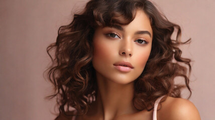 Fototapeta premium Studio portrait of gorgeous female model with fresh glowy skin and voluminous well defined healthy curly hair
