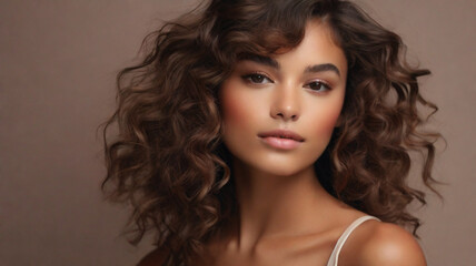 Studio portrait of gorgeous female model with fresh glowy skin and voluminous well defined healthy curly hair