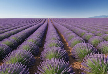 Fototapeta premium Vibrant field of lavender stretching towards the horizon under a clear blue sky (summer). 