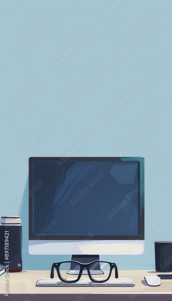 Poster a minimalist office desk with a computer monitor, a keyboard, eyeglasses, and a mouse, with a light 