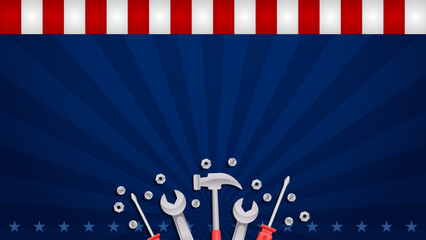 Labor Day background copy space for sale promotion, advertising, poster, banner, template with American flag and work tools