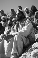A religious figure, possibly Jesus, sits on a rock formation in front of a group. He is robed and bearded, evoking a scene from the Christian faith.