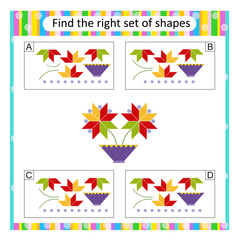 Obraz premium Puzzle for kids. Attention task. Find the correct set of cartoon flowers. Answer is C.
