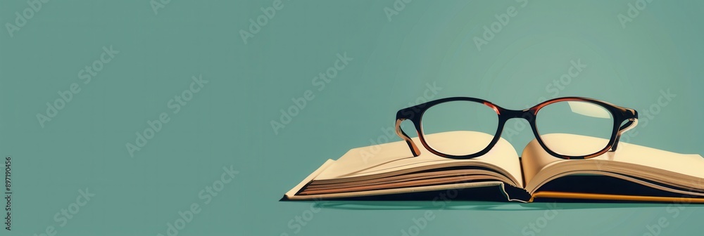Poster eyeglasses resting on the pages of an open book, creating a minimalist still life image. the book is