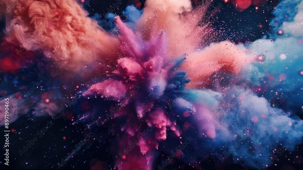 Poster vibrant burst of color with bokeh effect and sparkles against dark backdrop.