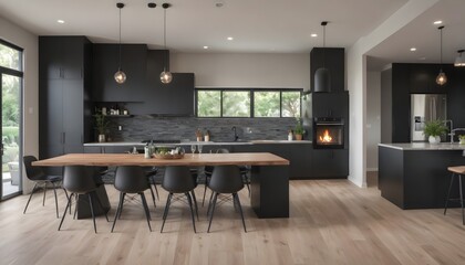 Beautiful open-plan kitchen and dining area featuring a matte black color scheme and a cozy fireplace