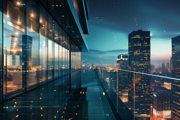 Fototapeta premium Modern rooftop office building is showing the cityscape at night with stars in the sky