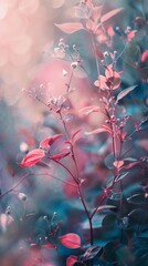 Soft pink leaves and flowers in a misty forest