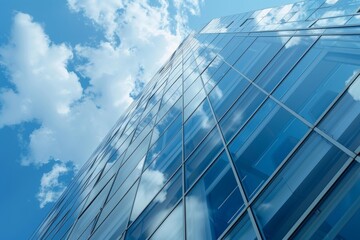 Obraz premium Glass facade of a modern office building is reflecting the blue sky and clouds