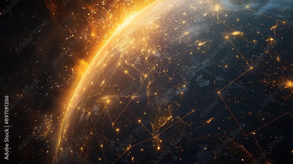Poster a digital rendering of a planet with a glowing surface, illuminated by a web of yellow lines connect