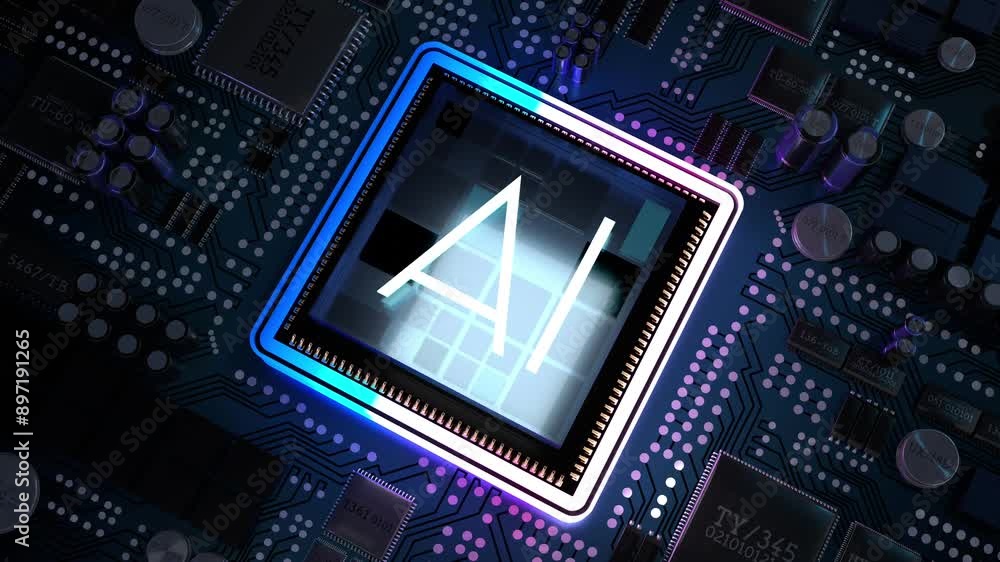 Poster computer processor and ai word - 3d 4k animation (3840 x 2160 px)