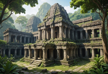  Ruins of an ancient temple nestled amongst a lush jungle. 