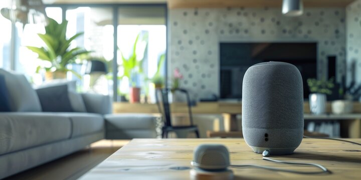 A stylish living room showcasing the integration of smart home technology, including a voice command device on a table in front of comfortable seating.