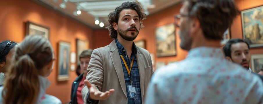 Tour guide leading a group through a museum