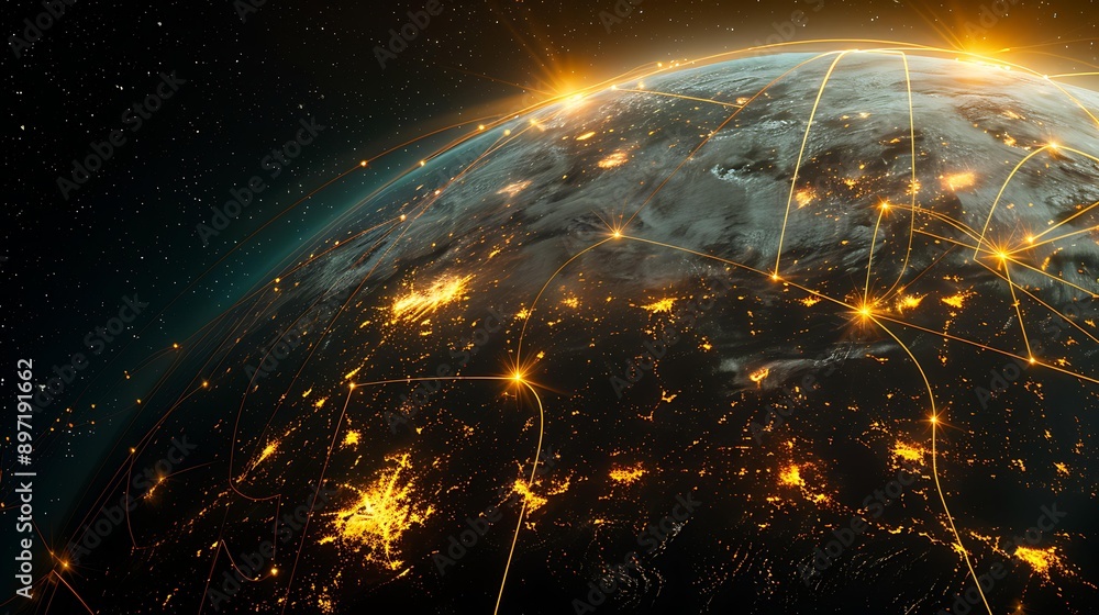Poster a digital rendering of a planet with a glowing surface, illuminated by a web of yellow lines connect