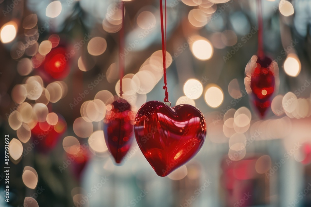 Aufkleber the image displays a beautiful collection of red heart-shaped decorations hanging from strings and i