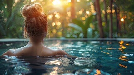 Luxury swimming pool spa resort travel honeymoon destination woman relaxing in infinity pool at hotel nature background summer holiday