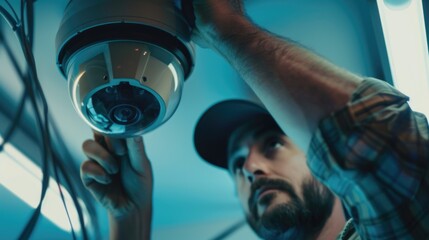 Man working on installing a security camera, ensuring proper setup for video monitoring and home or business safety.