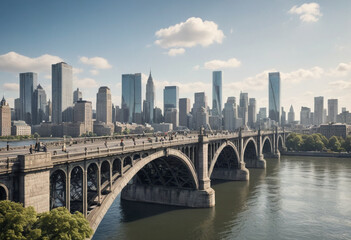Naklejka premium Historical bridge spanning across a river with a bustling city skyline. 