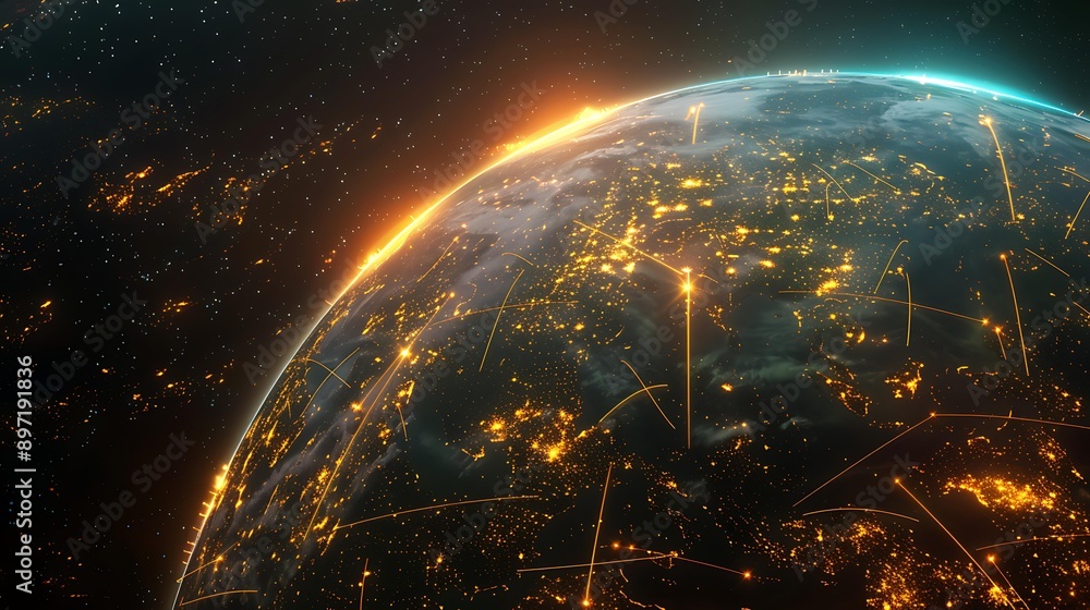 Poster a futuristic visualization of a glowing planet with bright yellow pathways connecting different metr