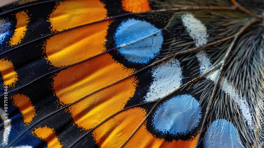 Poster close-up of a butterfly's wings, showing intricate patterns and colors.