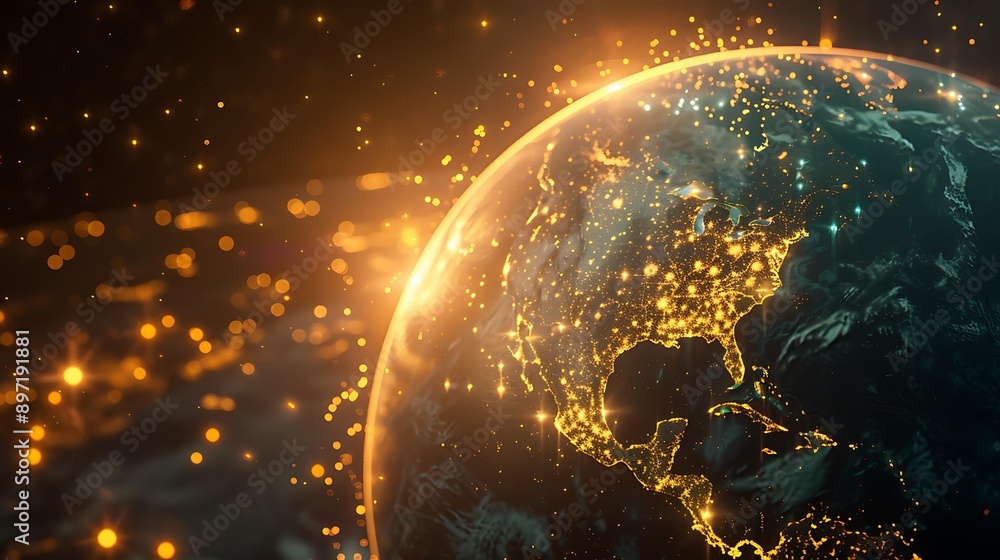Poster a futuristic visualization of a glowing planet with bright yellow pathways connecting different metr