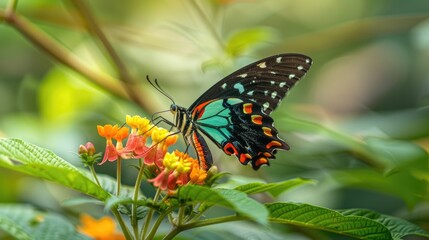 Obraz premium Close-up of a vibrant butterfly perched on a flower in a tropical rainforest.
