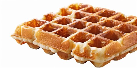 Close-up of golden brown belgian waffle slices with syrup drizzled on top, ready to be enjoyed.