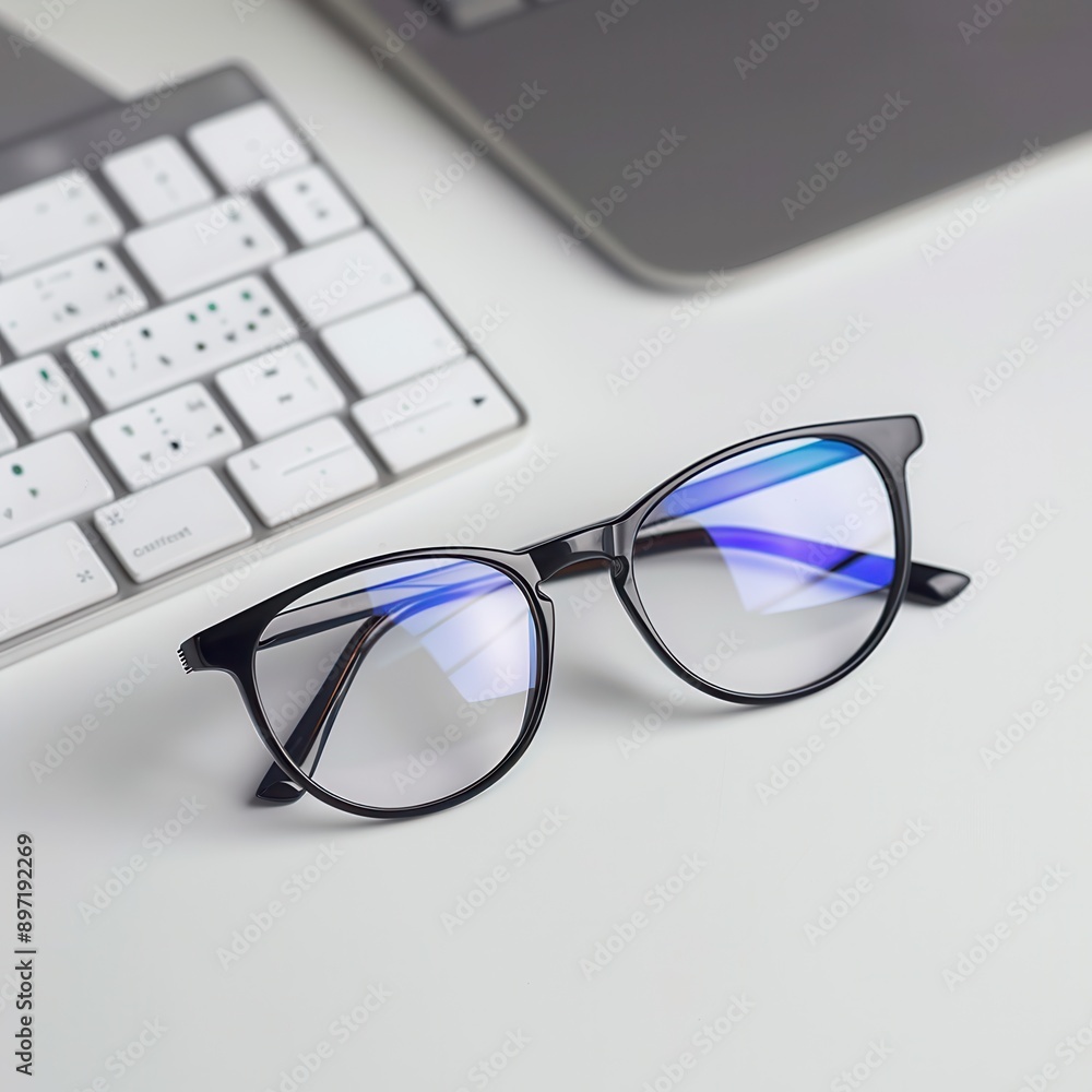 Aufkleber a pair of black eyeglasses with blue light filtering lenses lay on a white desk with a computer keyb