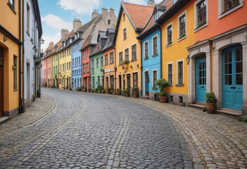  Charming cobblestone street winding through a historic town with colorful buildings. 