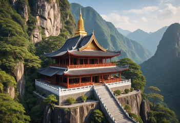  Peaceful Buddhist temple nestled amongst serene mountains in Southeast Asia. 