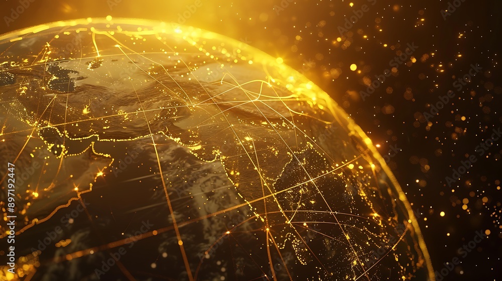 Poster a glowing planet featuring a radiant yellow grid of lines that represent the communication and conne