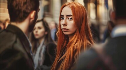 Fototapeta premium Young woman with red hair stands out in a bustling city crowd, looking directly at the camera.