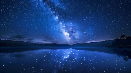 14 Starry night sky over a calm lake Reflection of the stars in the water