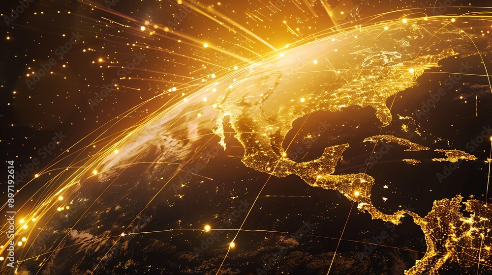 Poster a glowing planet featuring a radiant yellow grid of lines that represent the communication and conne