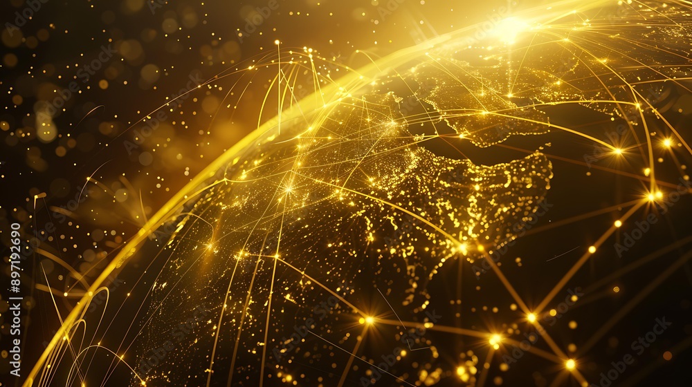 Poster a glowing planet featuring a radiant yellow grid of lines that represent the communication and conne