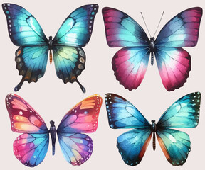 set with a variety of bright butterflies in a watercolor style