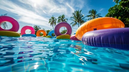 21 Colorful inflatable rings and pool toys floating in a swimming pool Blue water and sunny sky