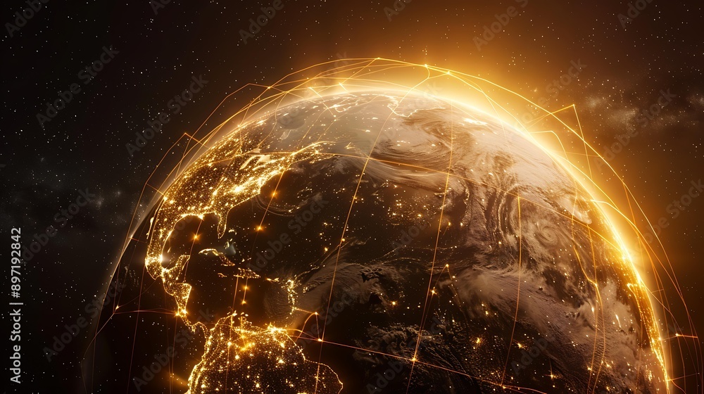 Poster a glowing planet featuring a radiant yellow grid of lines that represent the communication and conne