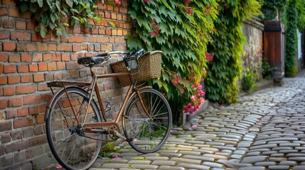 Fototapeta premium Vintage Bicycle Parked Against Brick Wall.