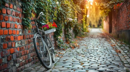 Fototapeta premium Vintage Bicycle Parked in Cobblestone Alley.