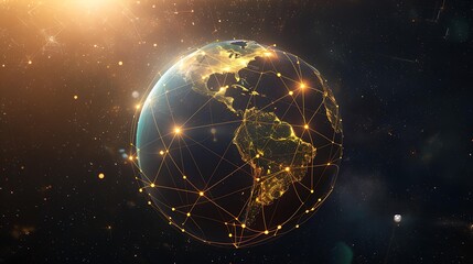 A vibrant image of a planet in space, highlighted by bright yellow networks linking major urban areas, showcasing global connectivity