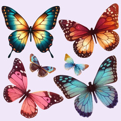 set with a variety of bright butterflies in a watercolor style