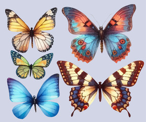 set with a variety of bright butterflies in a watercolor style